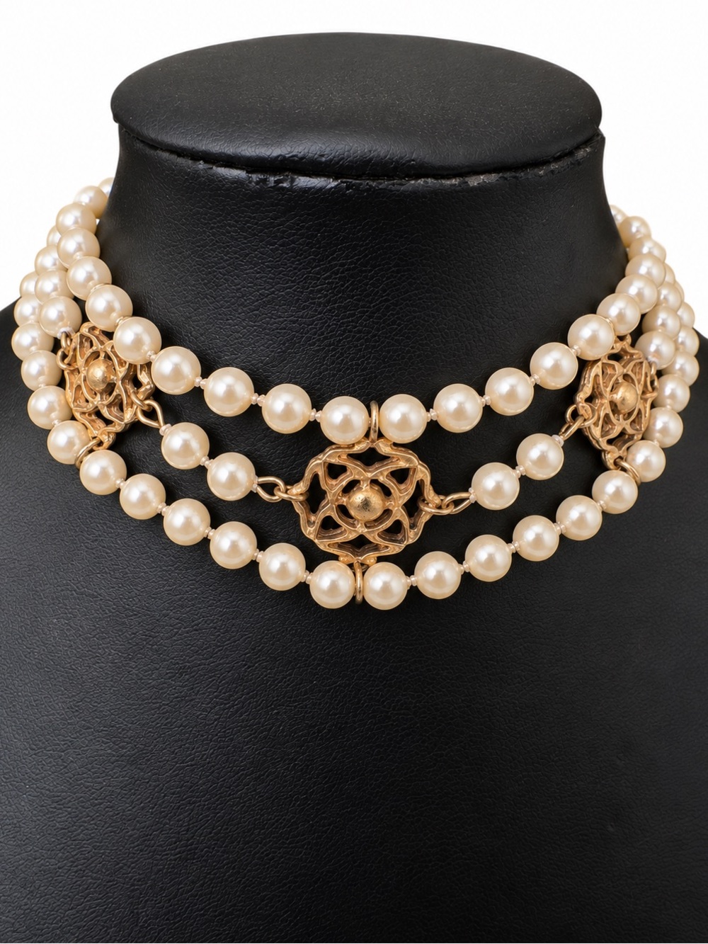Vintage The Limited Faux Pearl Multi Strand Choker Necklace Gold Tone